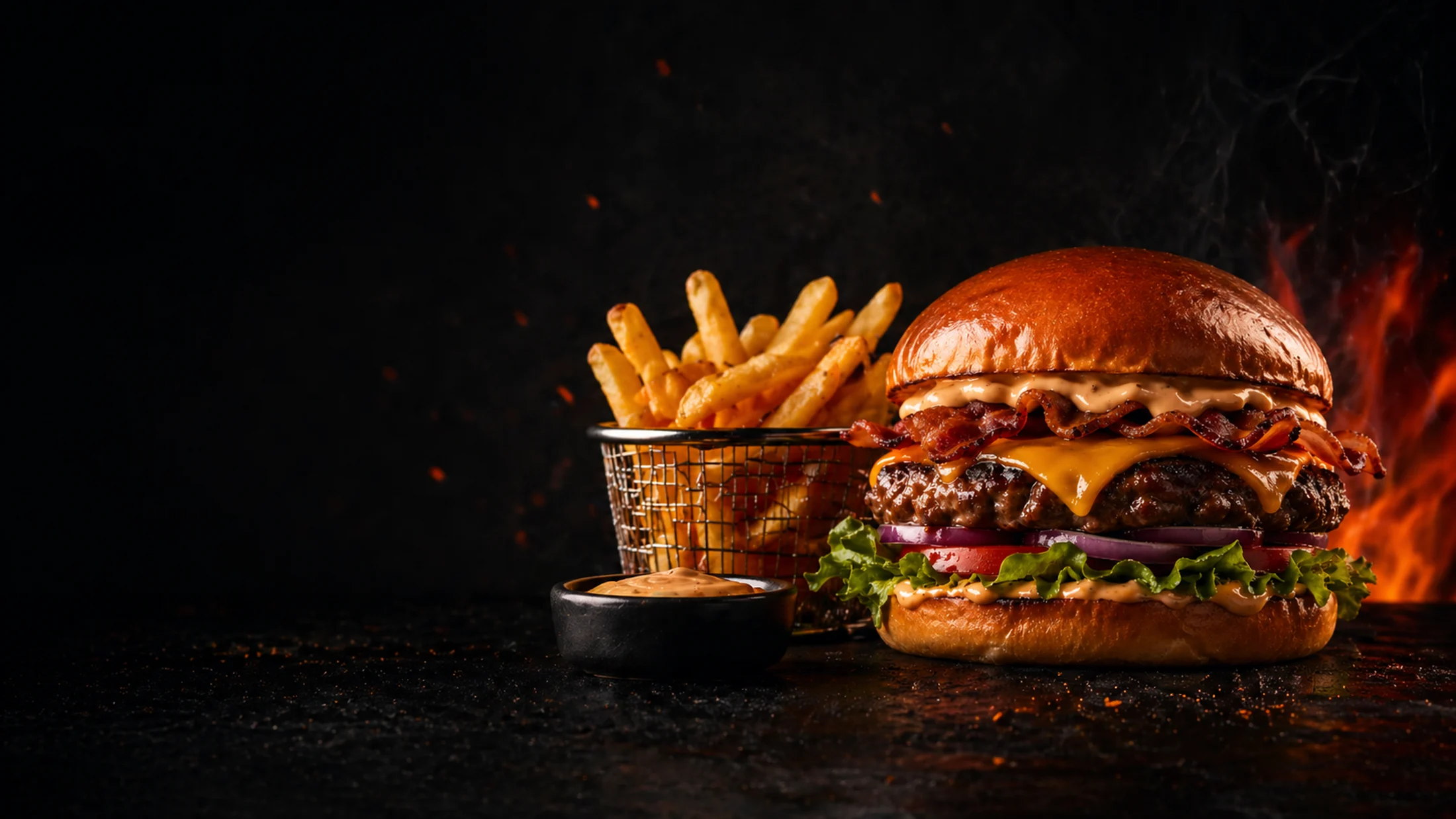 Burger mit Pommes und Sauce